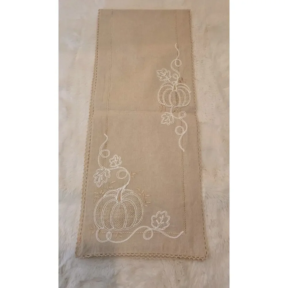 Rare Evermaple Manufacturers Sample Neutral Embroidered Pumpkin Table Runner...